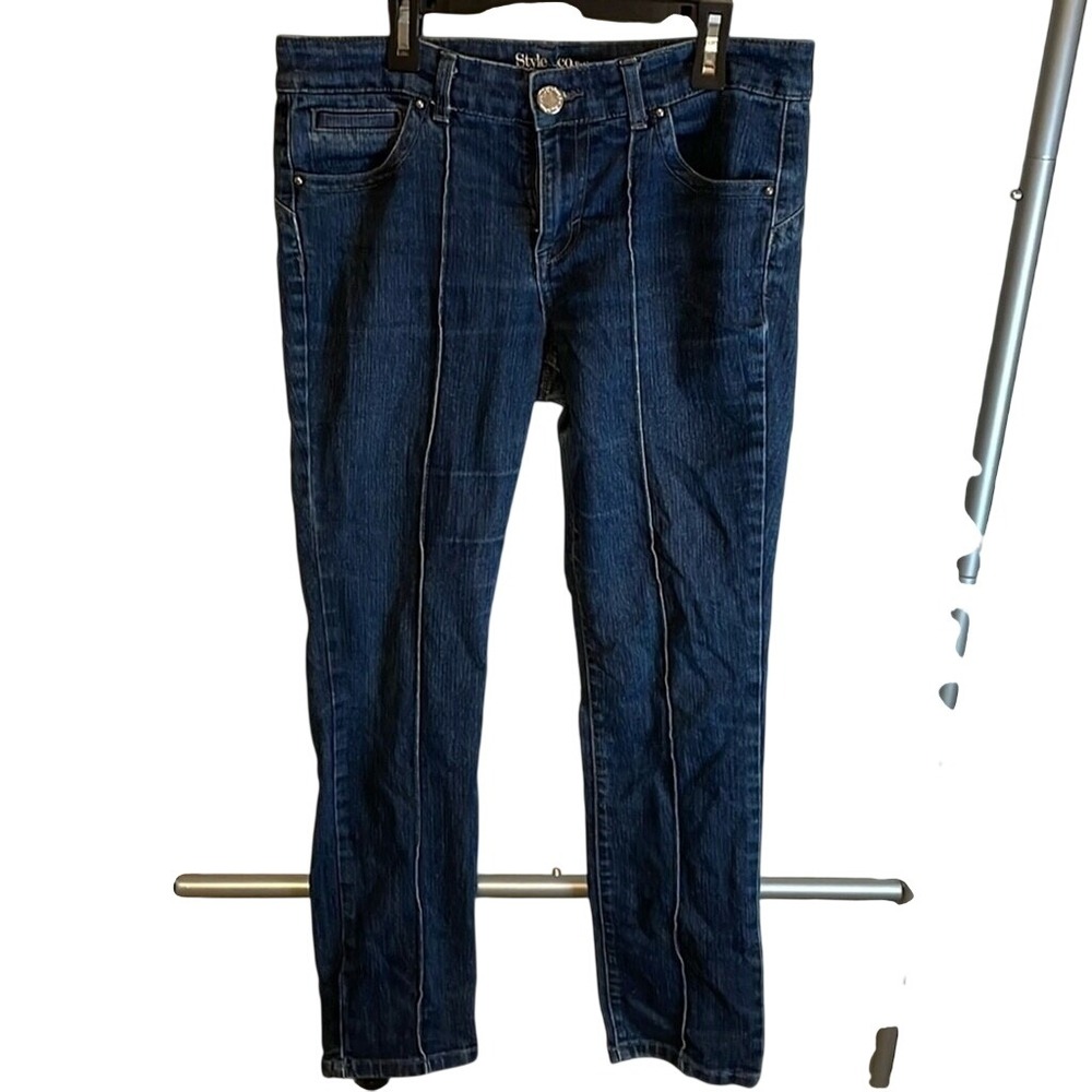 Style & Co Petite‎ Bottoms Up Dark Wash Skinny Jeans Blue Size 10P Front Seam